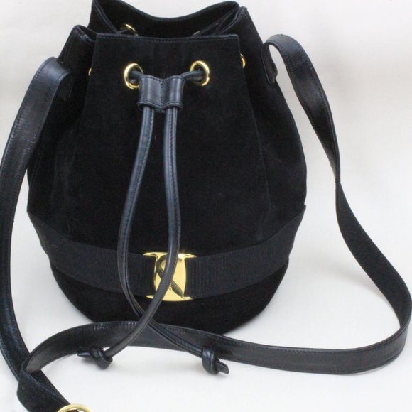 Authentic Salvatore Ferragamo Vara Suede Black Bow Drawstring Purse Handbag - Picture 2 of 16